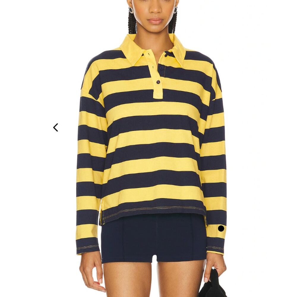 Sundry Blue Yellow Striped Polo Shirt SMALL Rugby Top Oversize Preppy Cotton USA